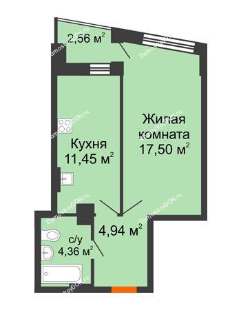 1 комнатная квартира 39,1 м² в ЖК Рубин, дом Литер 3